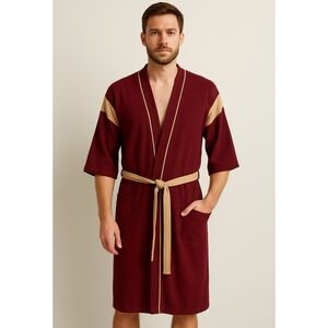 VTG Studio 5 Rose Collection Robe Burgundy Tan Trim OSFA Belted Lounge Bathrobe